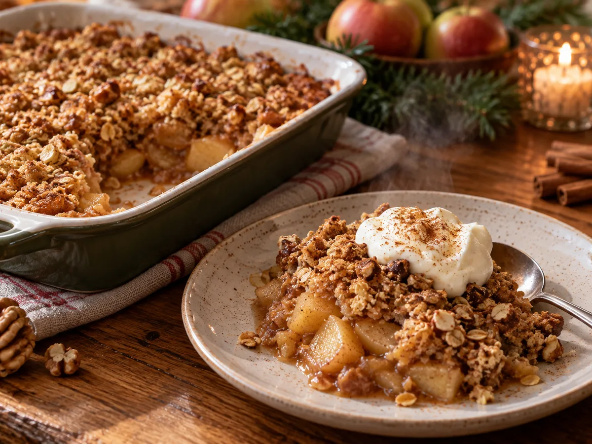 Apple crumble with an oat topping and a dollop of cream