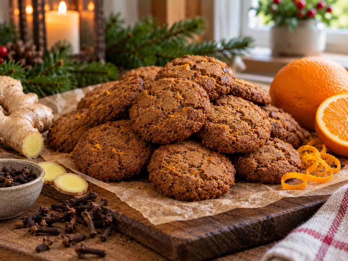 Cracked round ginger biscuits with orange zest and fresh ginger