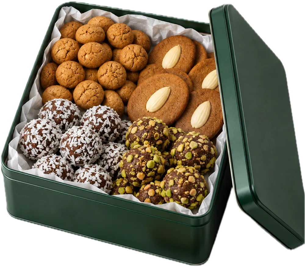 An open green biscuit tin