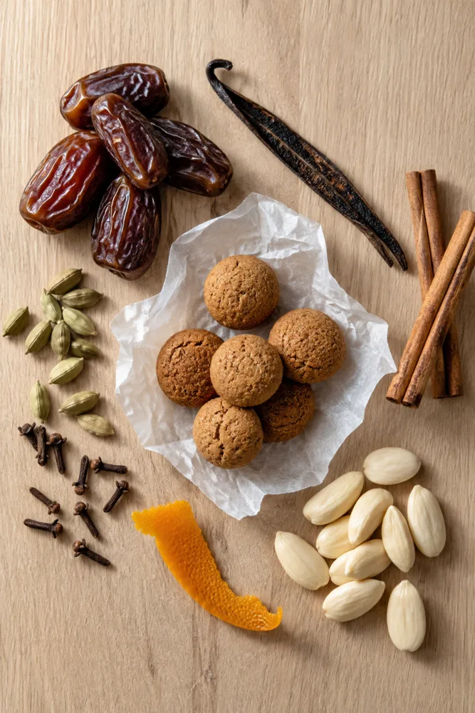 Dates, vanilla, cinnamon, cardamom, cloves, orange peel and almonds around a few small spiced biscuits