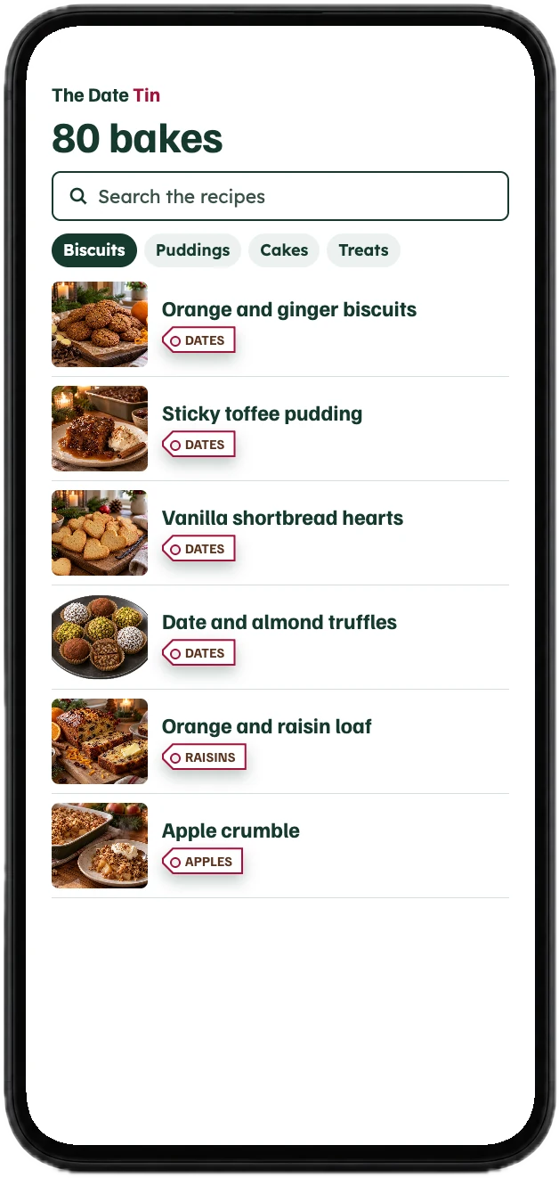 The app with the recipes sorted into biscuits, puddings, cakes and treats
