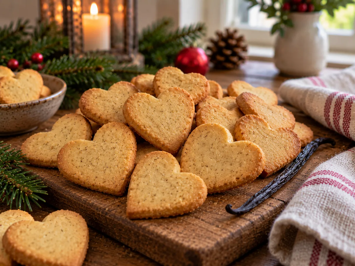 Pale heart-shaped vanilla shortbread biscuits