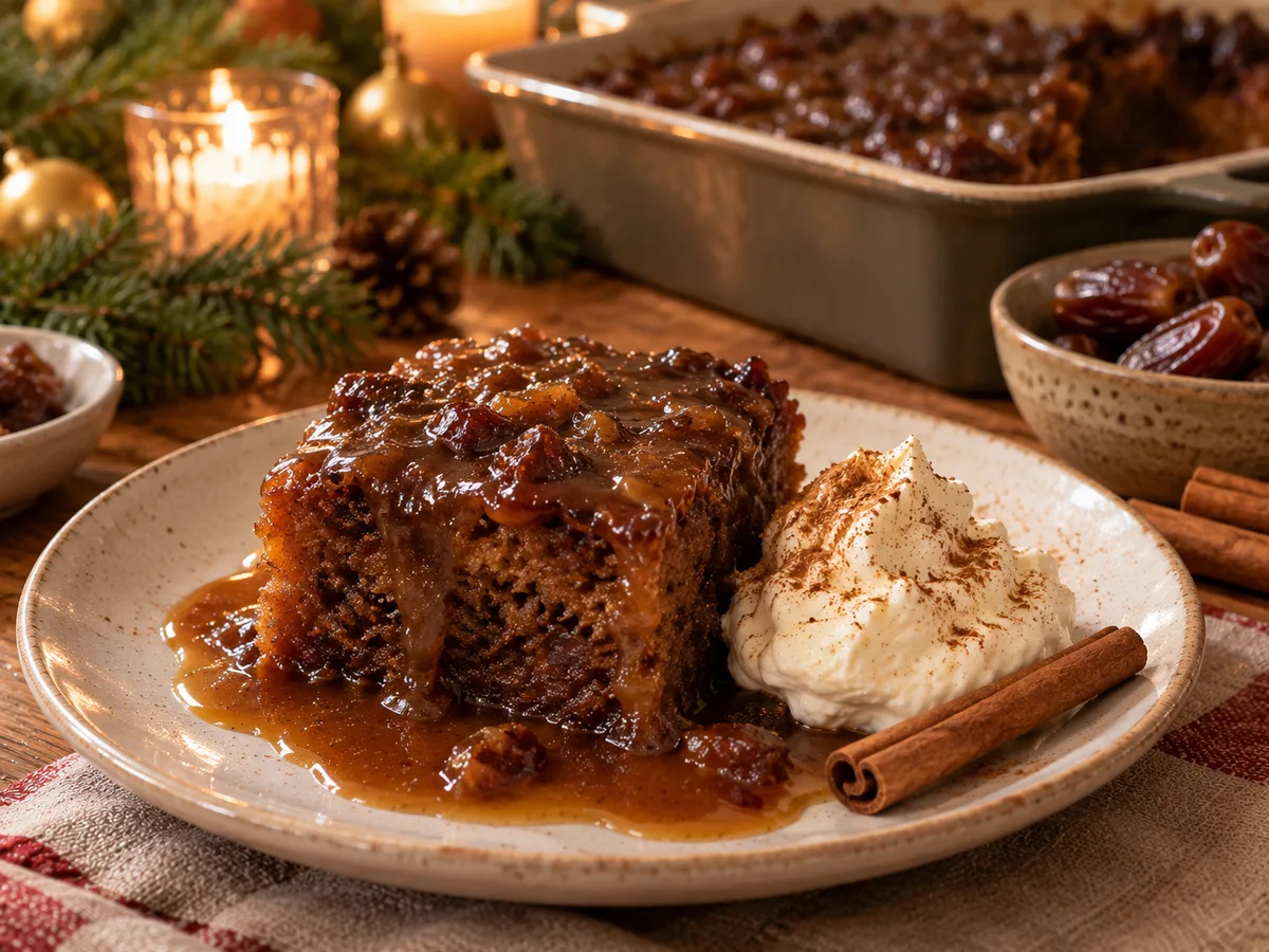 A square of sticky toffee pudding with glossy toffee sauce and whipped cream