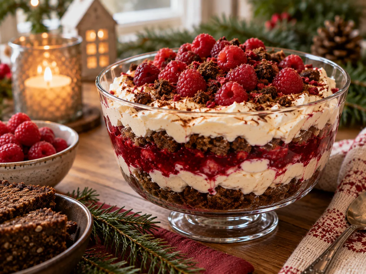 A layered raspberry trifle in a glass bowl