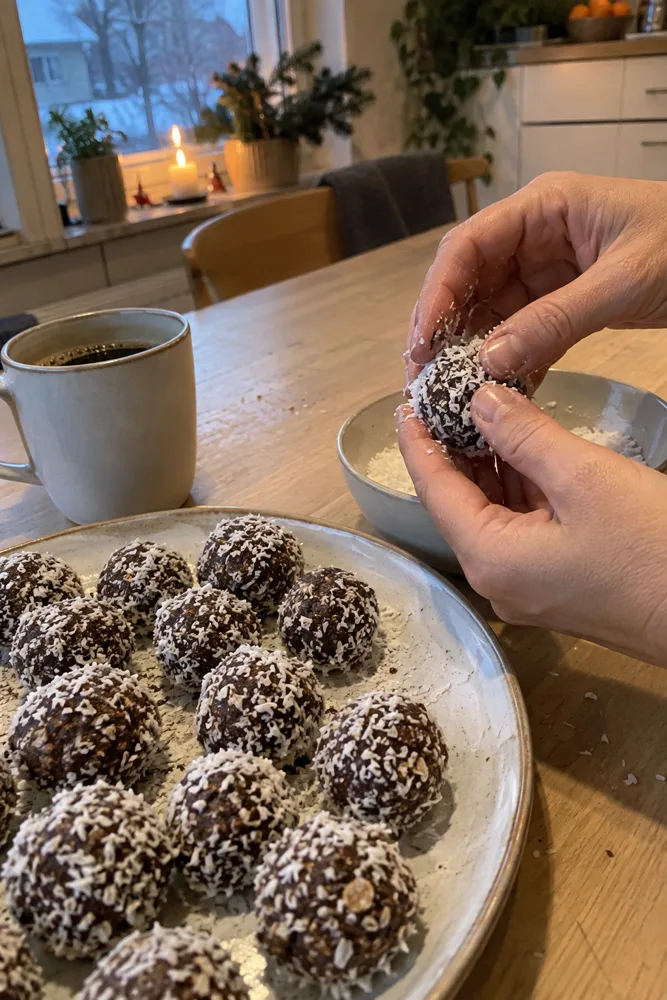 Hands rolling chocolate oat balls in coconut
